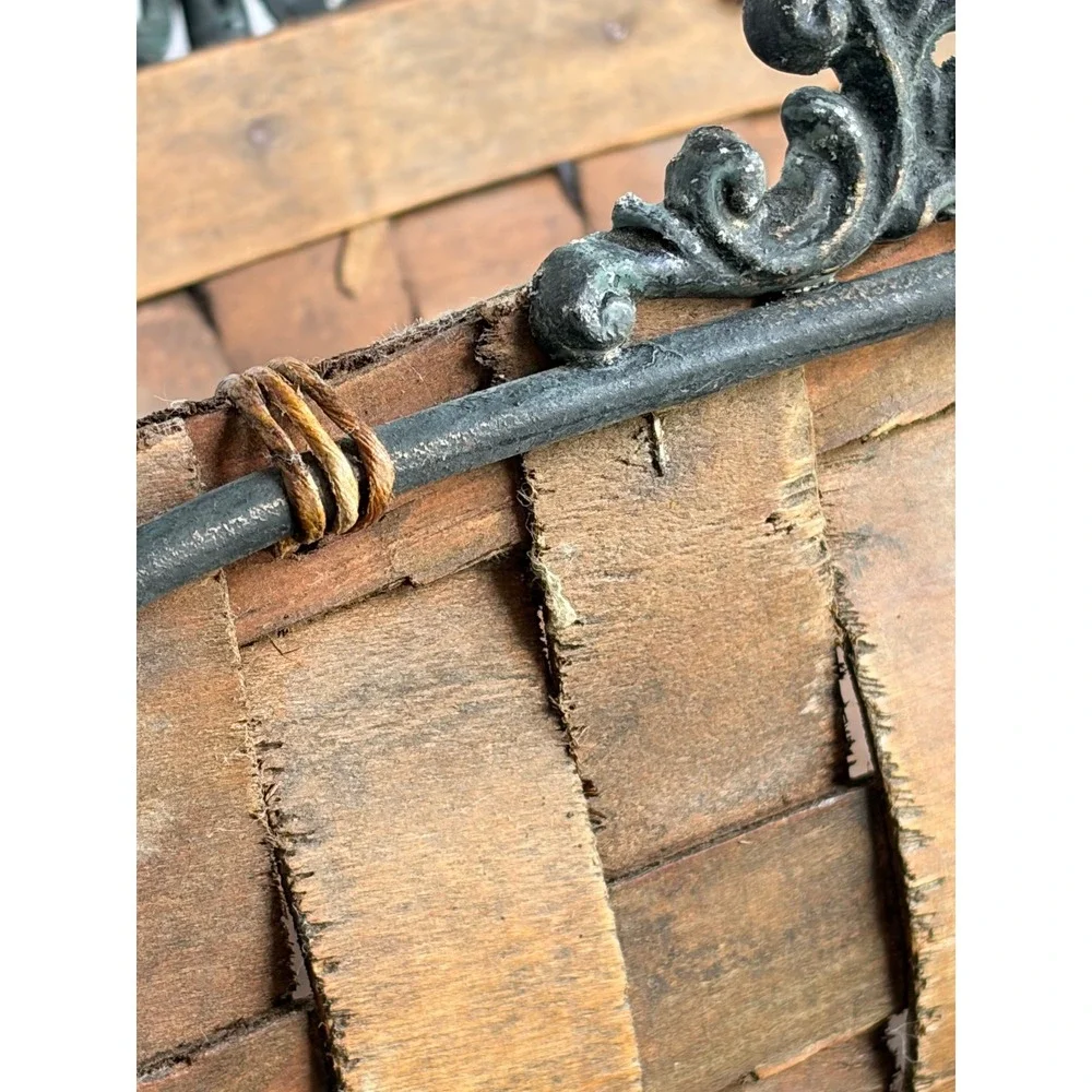 Vintage Woven Wood Splint Log Basket Wrought Iron Scrolled Frame Hearth Holder
